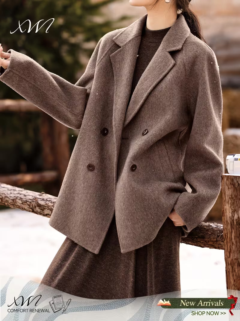 XWI Women's New Spring/Summer Coat, High-End Double-Breasted Double-Faced Wool Coat, Elegant and Graceful Autumn/Winter New Women's Wear, Simple and Versatile Loose Double-Faced Wool Coat