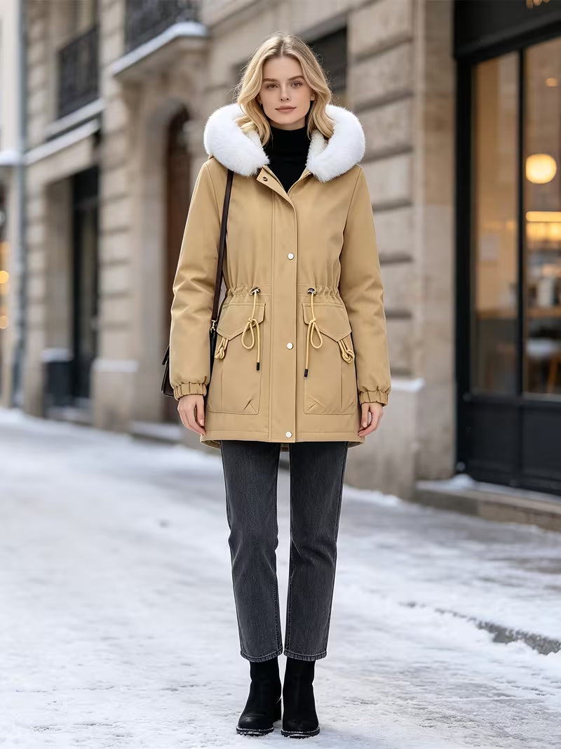 Women's Mid-Length Hooded Parka with Faux Trim, Drawstring Waist Zip Up Winter Coat, Casual Flap Pocket Warm Outerwear