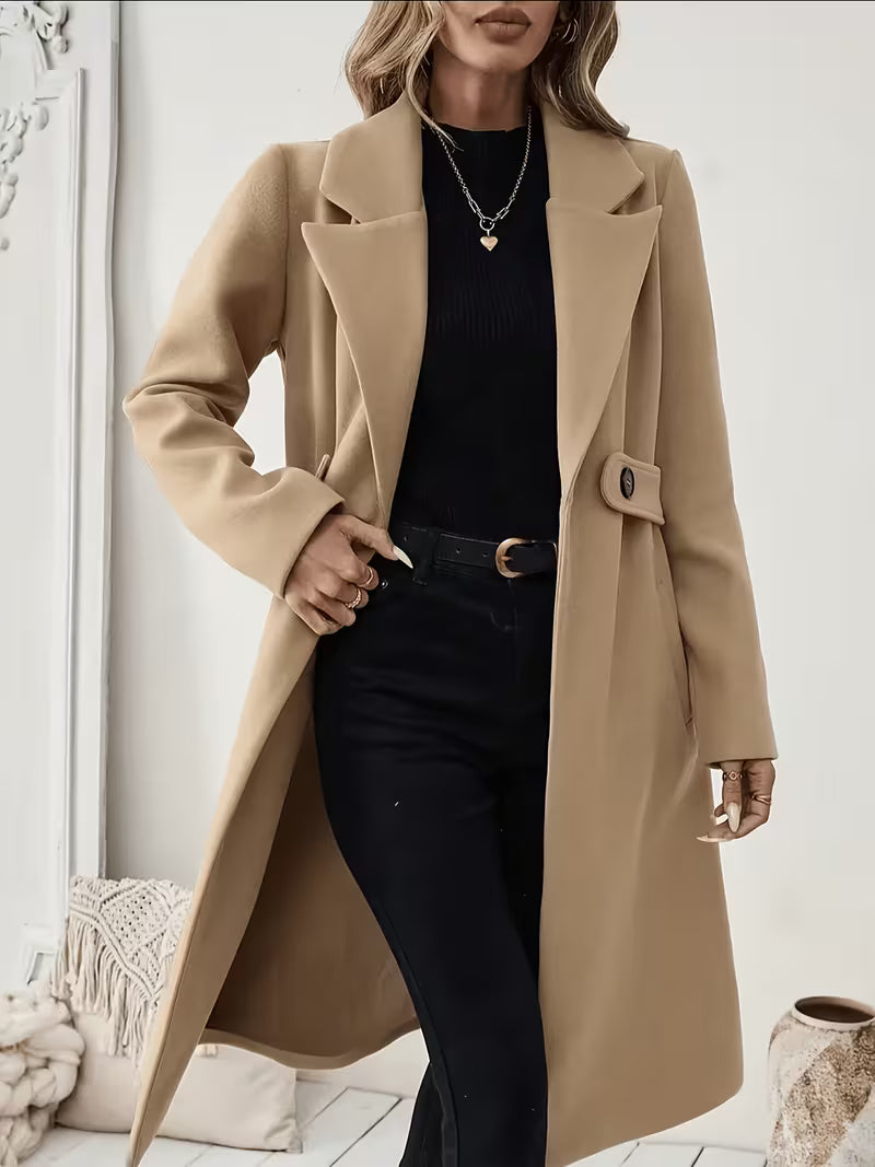 New Autumn/Winter Classic Notched Lapel Long Coat for Women, Waist-Cinching with Tie Belt and Two-Button Design, Over-the-Knee Outerwear, Elegant Commuter Style