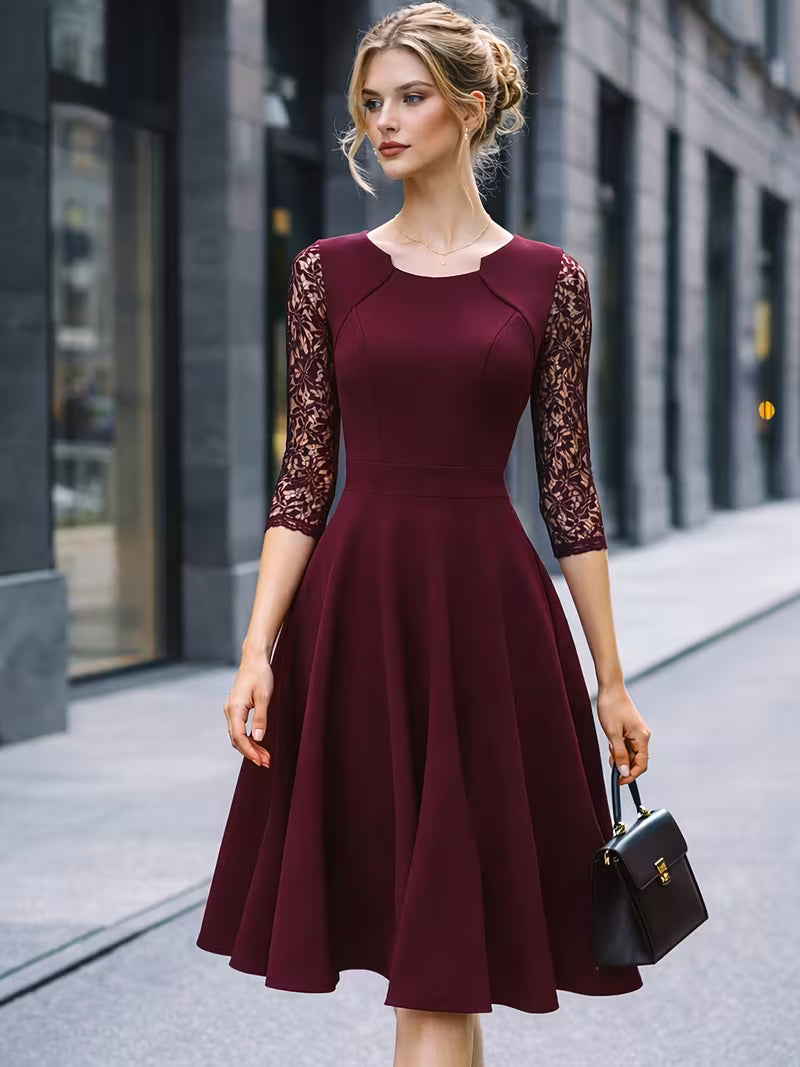 Ladies Retro Elegant Dress Lace 3/4 Sleeve Round Neck High Waist A-Line Dress Fashionable Temperament Dress Suitable for Dating Parties Banquets And Holiday Wear