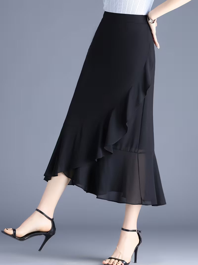 Women's Ruffle Hem Maxi Dress, Summer Vacation Style Chiffon Mermaid Skirt, New High-Waist A-Line Hip-Wrapping Skirt for Beach