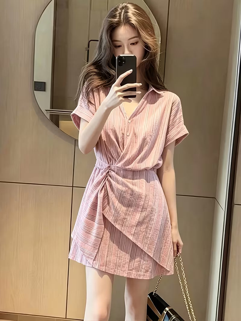 Pink Striped Shirt Dress Women'S Summer 2026 Hot Item Exquisite A-Line Waist-Cinching Short Skirt
