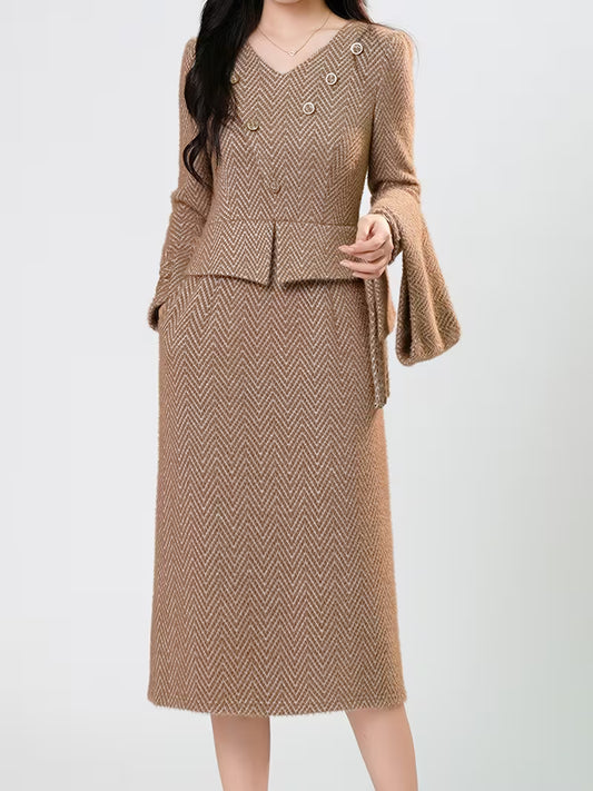 Light Brown Herringbone 2-in-1 Look Dress, Featuring a Wrap Collar and Fringe Details on the Bodice. This Slim-fit Fashion Dress Boasts a Double-breasted Button Design for a Neat Appearance, with a Tailored Silhouette That Enhances Elegance.