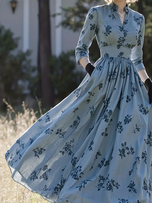 Women's Fashionable and Elegant New Style Blue Vintage-Inspired Floral Print Long Bridesmaid Dress, Suitable for All Seasons, Versatile, Stand-Up Collar, High Waist, Waist-Cinching for a Effect, Ideal for Wedding Guests and Evening Dinners