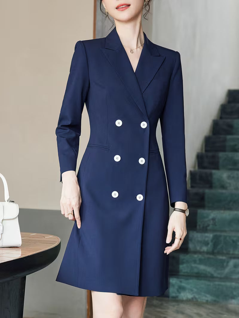 Women' Navy Blue Double-Breasted Blazer Skirt Dress - -Line Professional Suit with Collar & Cinched Waist, Long Sleeve Office Dress Suitable for Workplace, Executive Attire, Machine Washable Blazer Skirt for Spring/Autumn