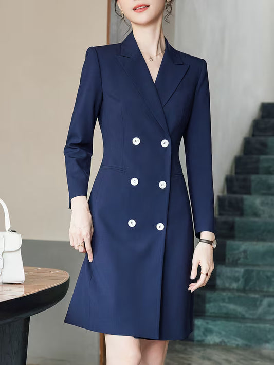 Women' Navy Blue Double-Breasted Blazer Skirt Dress - -Line Professional Suit with Collar & Cinched Waist, Long Sleeve Office Dress Suitable for Workplace, Executive Attire, Machine Washable Blazer Skirt for Spring/Autumn