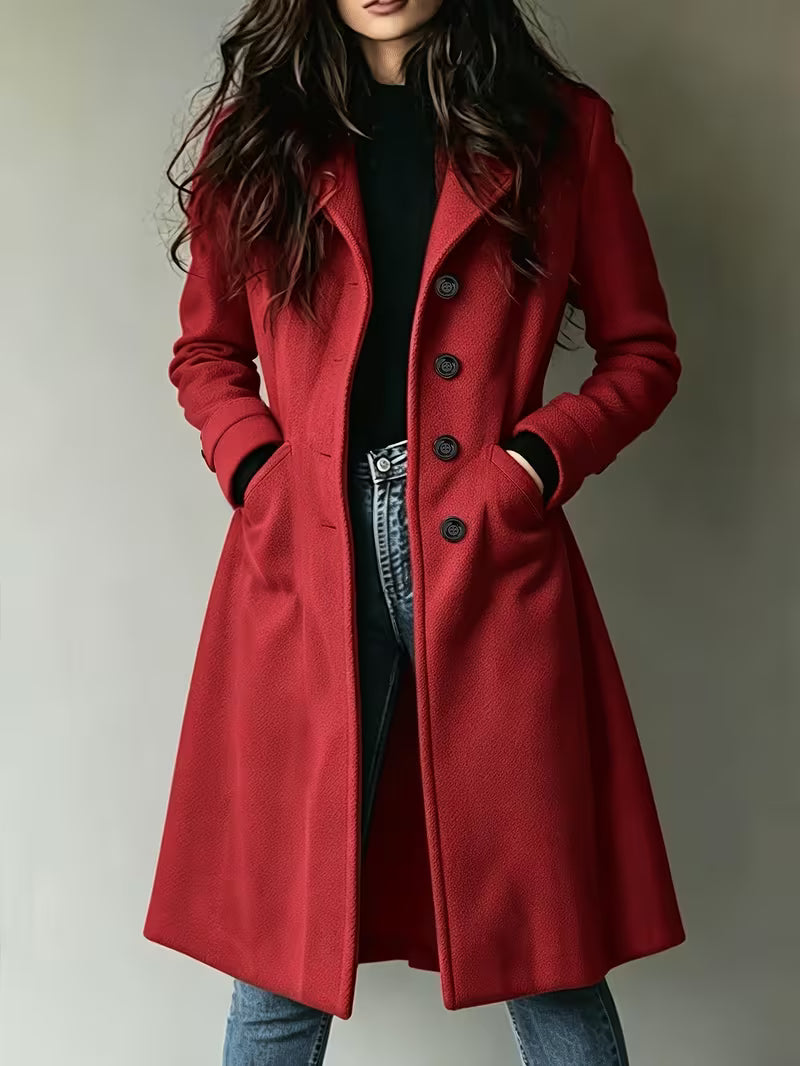 Women'S Classic Faux Wool Long Coat, Lapel Single-Breasted Long Jacket, Side-Seam Pockets, Fall Winter Commute YYTT