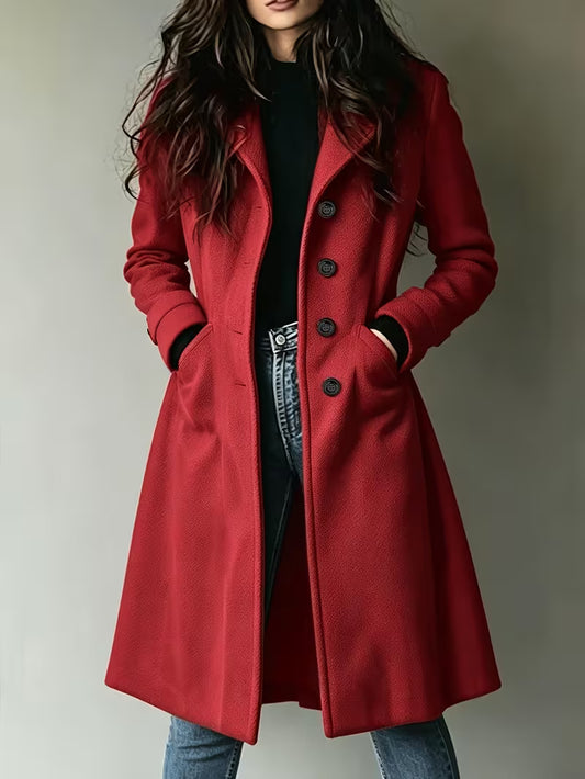 Women'S Classic Faux Wool Long Coat, Lapel Single-Breasted Long Jacket, Side-Seam Pockets, Fall Winter Commute YYTT