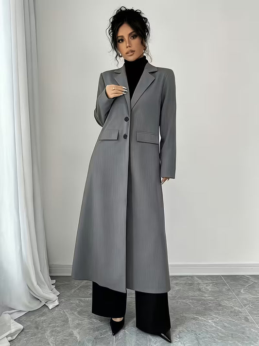 Elegant Commuter Fashion Dark Gray Oversized Lapel Off-Shoulder Single-Button Long Coat, Elegant Commuter Formal Suit Long Coat