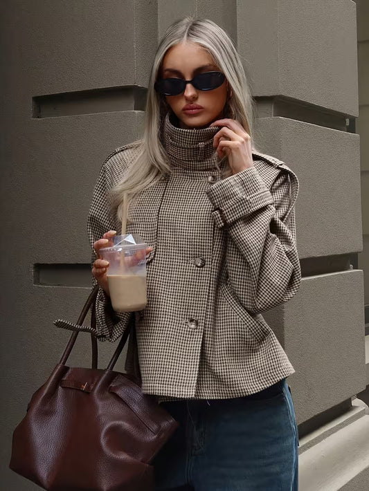 Women's Autumn/Winter Fashion Classic Vintage Color-Block Houndstooth Stand Collar Double-Breasted Designer Casual Cropped Long-Sleeve Jacket