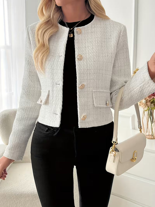Women's Elegant Round Neck Lapel Jacket - Lightweight Polyester Button-Front Coat with Structured Fabric, Machine Washable Spring/Fall Outerwear for Casual & Formal Occasions