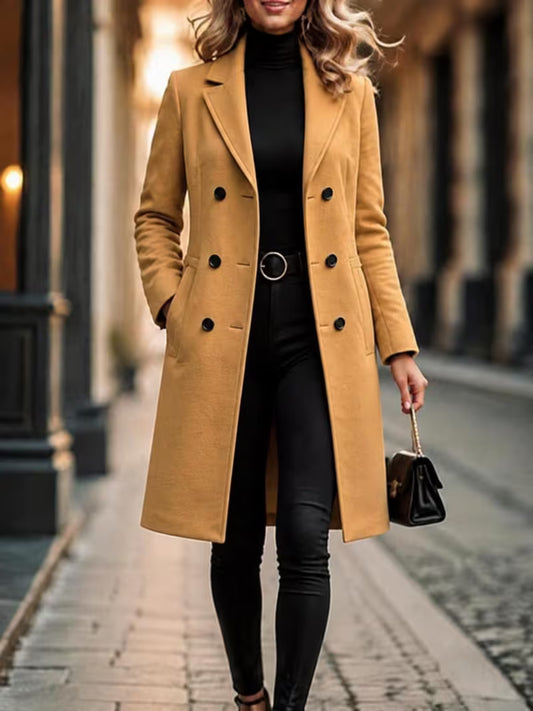 Western Cross-Border Autumn New Fashion Elegant Women'S Long Sleeve Solid Color Double-Breasted Design Thick Jacket Mid-Length Temperament Coat Outerwear