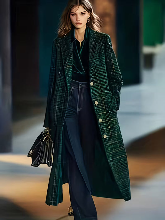 Retro Plaid Long Coat Women'S High-Quality Texture Suit Collar, Commuting, Dating, Shopping, Versatile, And Showing Temperament