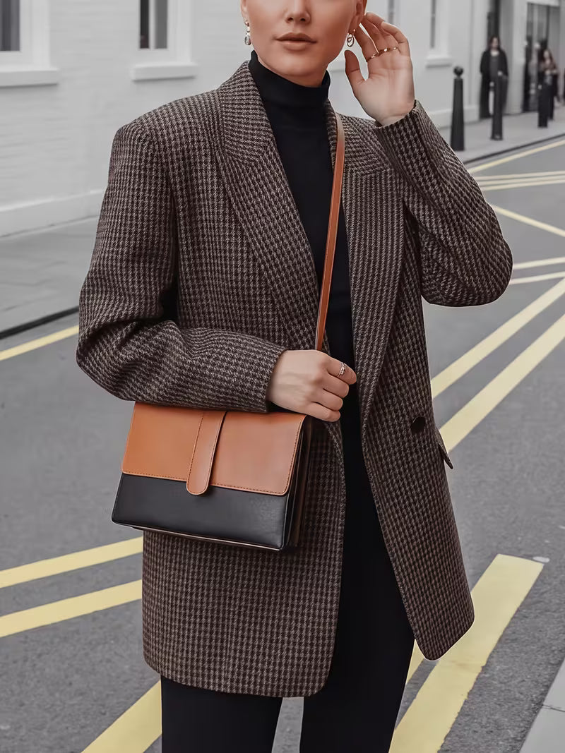 Vintage Houndstooth Blazer for Women, Autumn/Winter Loose Silhouette Double-Breasted Mid-Length Suit Coat