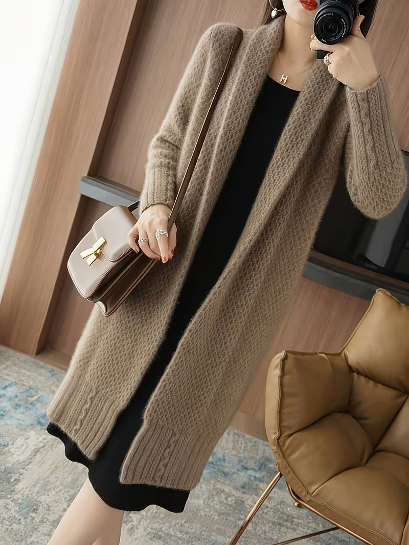 Mid-Length Over-The-Knee Lapel Solid Cardigan Women'S Autumn New High-End Sweater Elegant Outerwear Coat