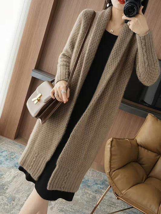 Mid-Length Over-The-Knee Lapel Solid Cardigan Women'S Autumn New High-End Sweater Elegant Outerwear Coat