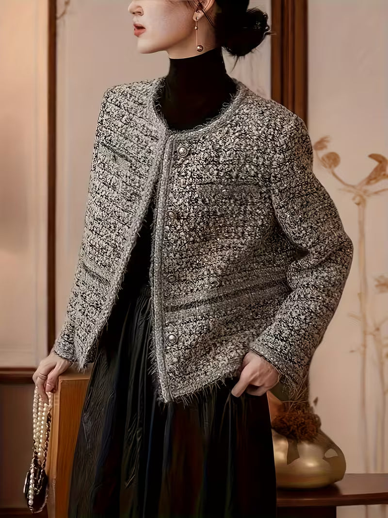 [French-Style Tweed Jacket] French-Style Heavy Weave Tweed Cropped Jacket, Women's Autumn/Winter New Arrival, Elegant Light Luxury, High-End Feel,, Petite Size, Long Sleeve, Round Neck, Cardigan Top