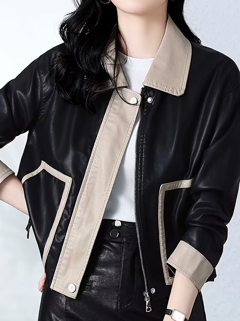 Women's Color-Block Short PU Jacket for Spring/Autumn, New Style