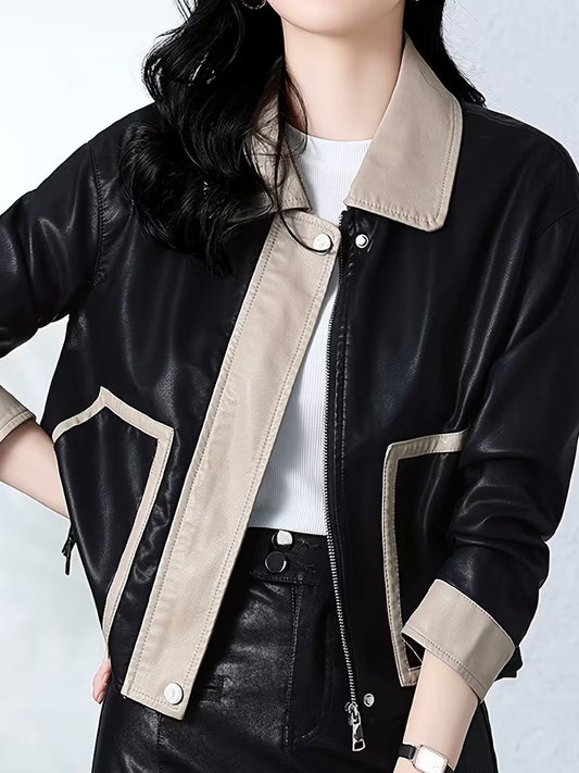 Women's Color-Block Short PU Jacket for Spring/Autumn, New Style