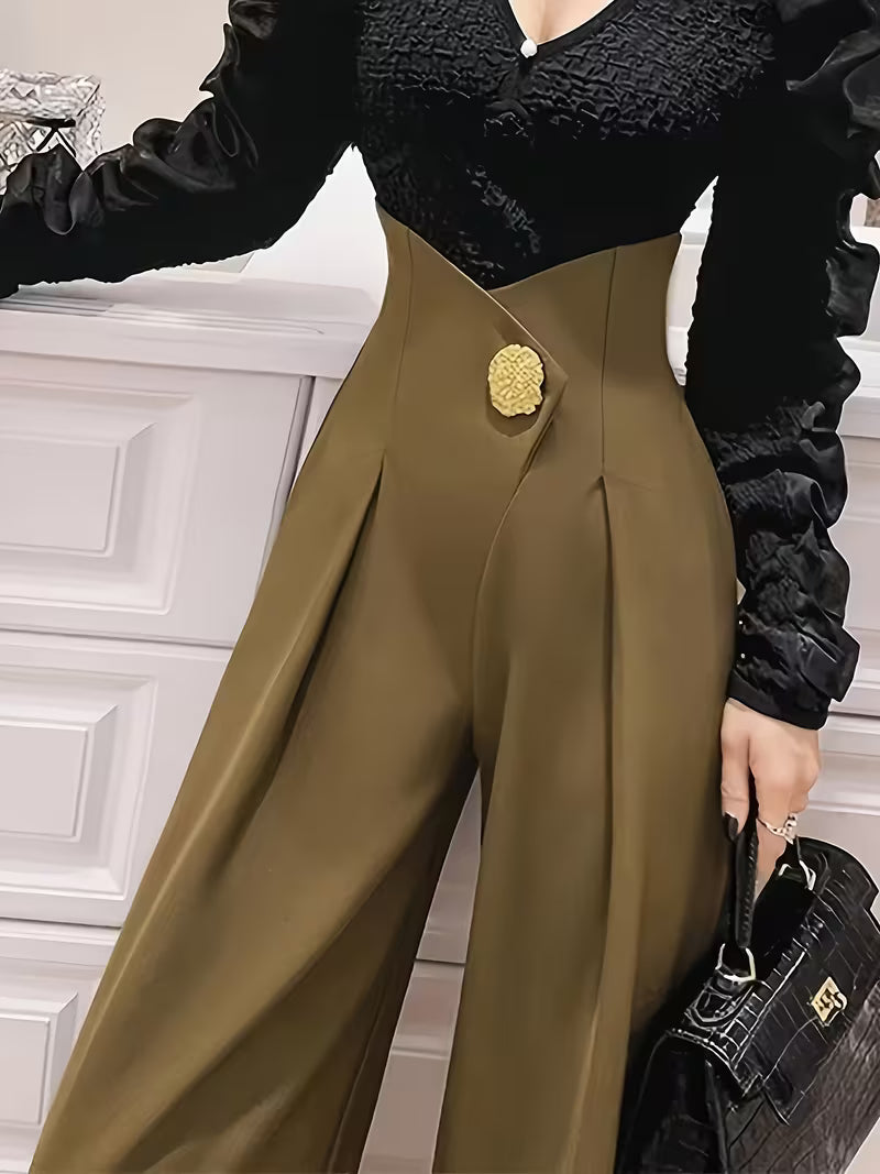 Fashionable Spring/Autumn High-Waist Pleated Women's Pants with Three-Dimensional Decoration, Basic Style, Spliced Wide-Leg High-Waist Trousers