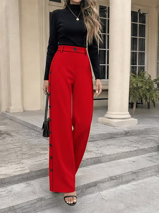 Women'S Elegant New Fashion All-Season Regular Fit Solid Color Commuter Side Seam Contrast High Slit Button-Buttoned Women'S Fashion Trousers, Suitable for Daily Commute, Outings, And Casual Wear