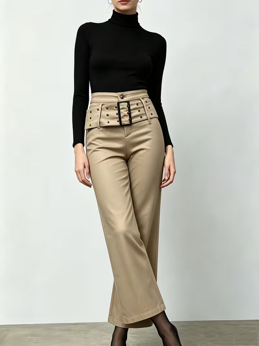 Women's Designer Double-Vented Eyelet Wide Waistband Apricot Matte Layered PU Pants, High-Waist Commuter Draped Cropped Wide-Leg Coated PU Trousers