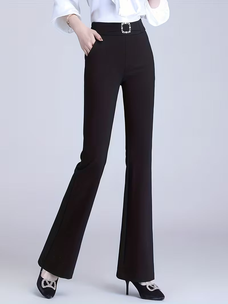 [Korean Style Flare Pants] Elegant Korean Style Women's High-Waisted Wide-Looking Bell-Bottom Pants | Elastic Waist, Flare Trousers, Full-Length for Spring Summer Fall - Casual & Dressy Outfits (Solid Color)
