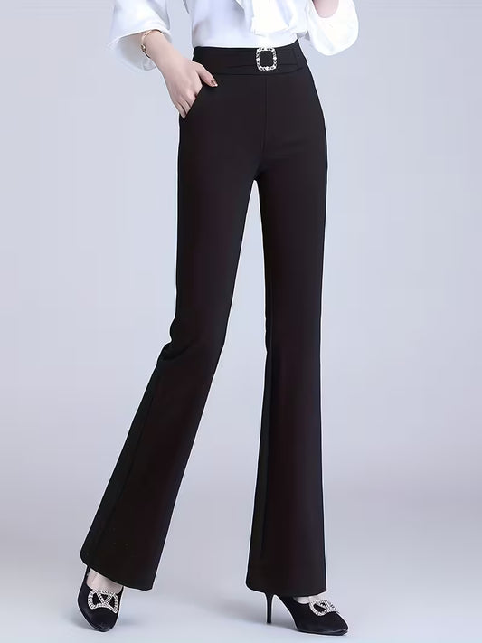 [Korean Style Flare Pants] Elegant Korean Style Women's High-Waisted Wide-Looking Bell-Bottom Pants | Elastic Waist, Flare Trousers, Full-Length for Spring Summer Fall - Casual & Dressy Outfits (Solid Color)