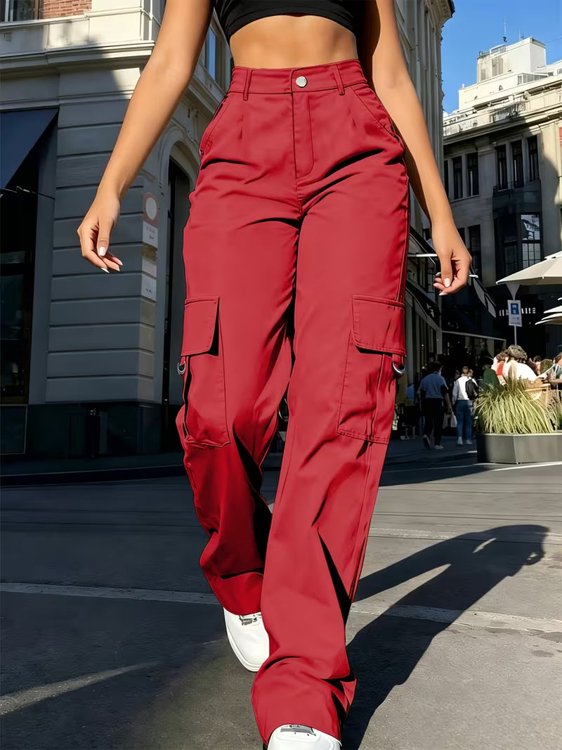Women's High-Waist Cargo Pants, Straight-Leg Multi-Pocket Casual Trousers, Street Style Versatile Wide-Leg Pants - Yoga Pants - Suitable for All Seasons - Women's Clothing