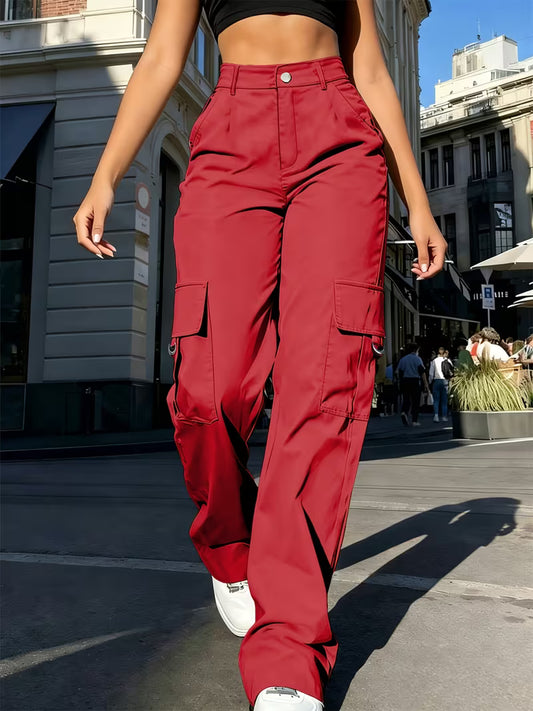 Women's High-Waist Cargo Pants, Straight-Leg Multi-Pocket Casual Trousers, Street Style Versatile Wide-Leg Pants - Yoga Pants - Suitable for All Seasons - Women's Clothing