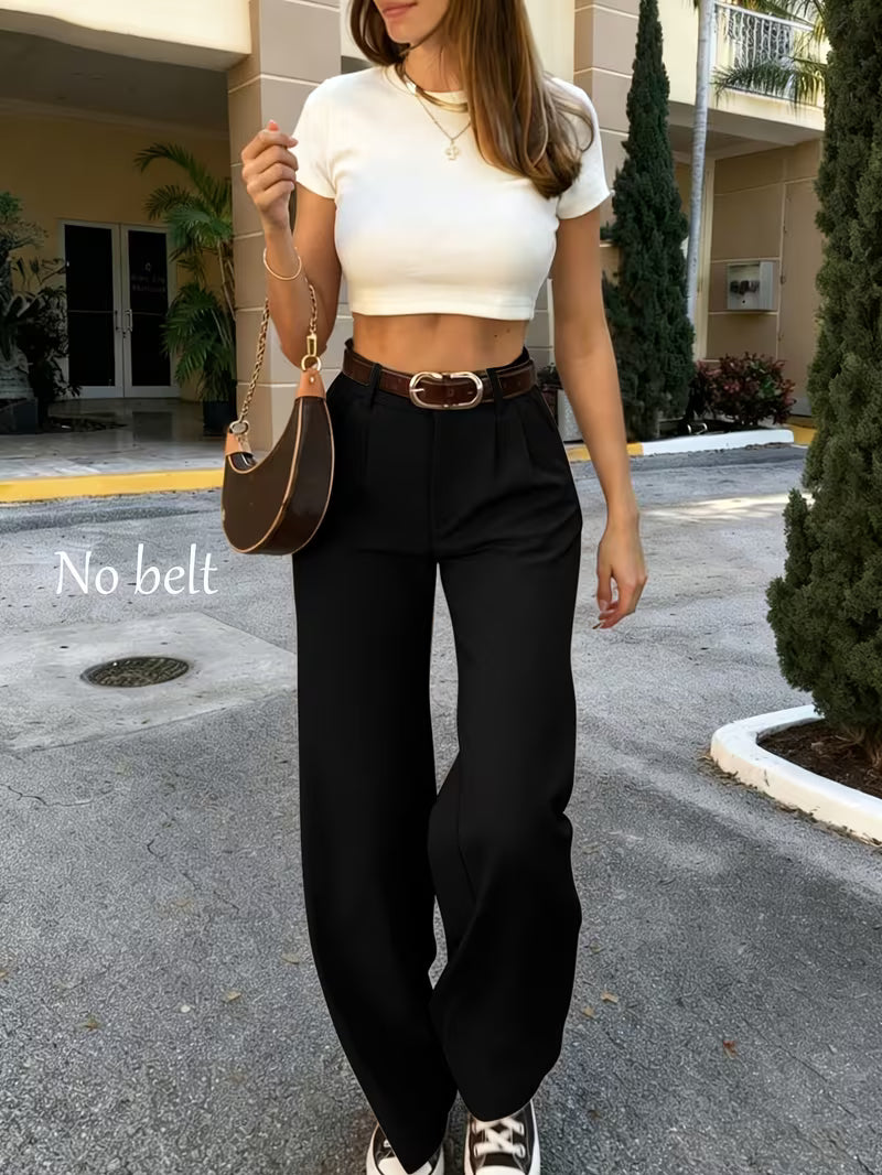 [2pcs High-Waist Pants] 2pcs New Spring/Summer High-Waist Draped Suit Pants for Women, Simple Loose Straight-Leg Wide-Leg Long Pants, and Figure-Flattering Floor-Length Trousers, Office Commuter Dress Pants YTD