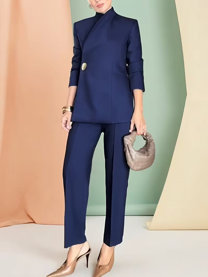 Autumn Winter Fashion Premium Blue Trendy Off-Shoulder Design Women'S Blazer with Easy Versatile Straight-Leg Trousers Urban Office Chic Business Professional Top And Bottom Set [ZLLZ]