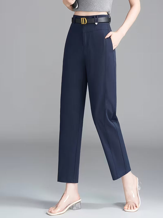 Solid Color Button-front Pants, Elegant High-waisted Cropped Skinny Pants, Suitable for Travel and Daily Casual Wear, Women's Clothing