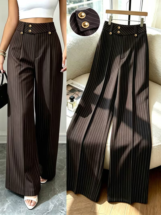Women's High-Waist Striped Versatile Wide-Leg Pants, Office Suit Trousers, Straight-Leg Wide-Leg Pants with Golden Button Design, Suitable for Commuting to Work, Light Business Occasions, Weekend Outings, and Dates, All-Season Wear