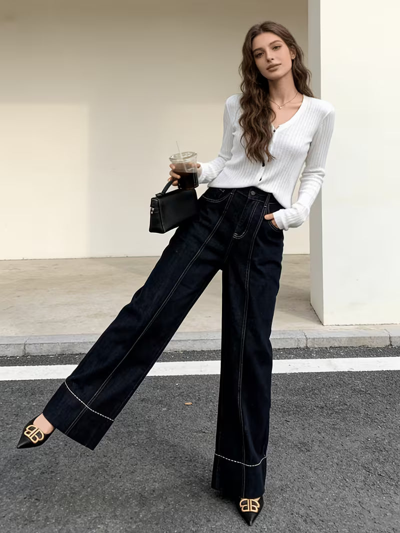 Women's Dark Blue Straight-leg Jeans, Retro-style, Simple, White-stitched, Loose-fitting, Casual, High-waisted, Pocket Style.