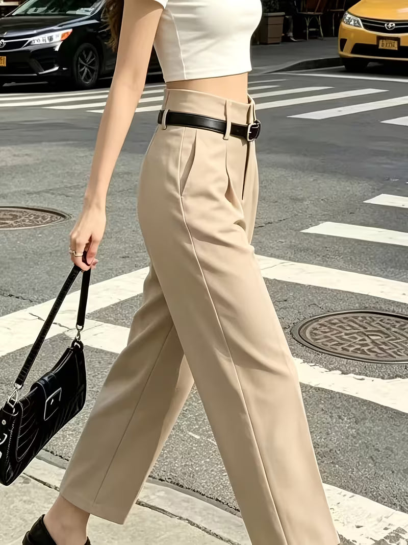 High-Waist Cinched Ankle Dress Trousers, Body-Shaping Commuter Casual Women'S Pants, Belt Not Included