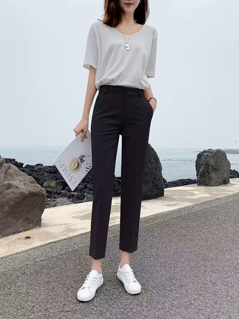 Black Slim Fit High-Waist Straight-Leg Pants for Women, 2025 Style - Versatile Spring/Summer Casual Suit Trousers with a Slight Drape Effect