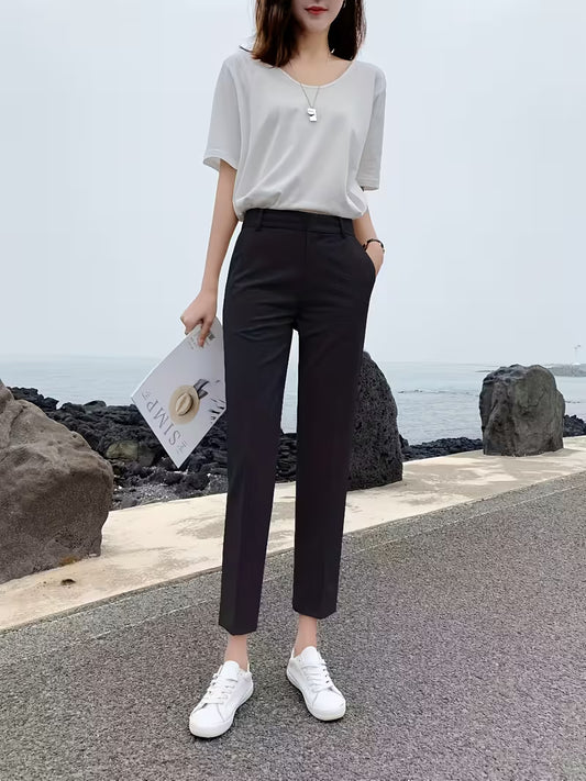 Black Slim Fit High-Waist Straight-Leg Pants for Women, 2025 Style - Versatile Spring/Summer Casual Suit Trousers with a Slight Drape Effect