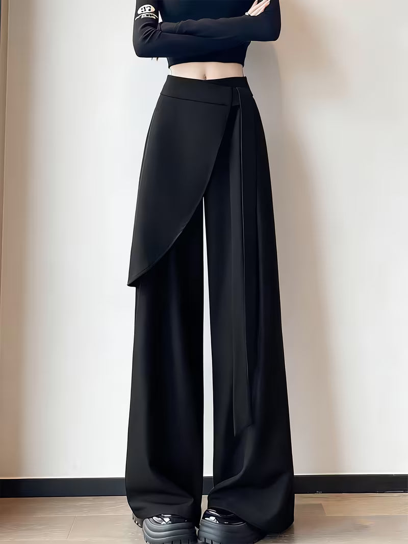 Black Tie-Waist Design Niche Suit Wide-Leg Pants for Women Casual Trousers