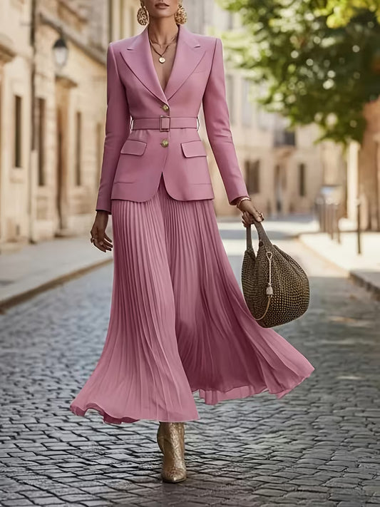 [Peach Belted Blazer Set] Exquisite Elegant Peach-Colored Belted Blazer And Pleated Chiffon Half-Skirt Urban Office Suit Skirt Set