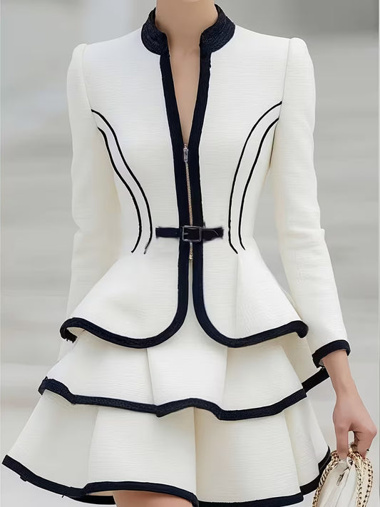 Classic Elegant Style Jacket + Skirt Set, Patchwork Color-Block Elegant Dress, Front Zipper, Small Waist Belt with Decorative Buckle, Light Luxury, Socialite, Temperament, , Sophisticated Lady, Elegant, Vintage, Commuting, Banquet, Party