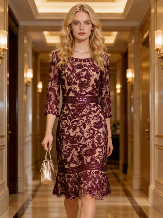 Round Neck Mesh Heavy Embroidery Beaded Sequins Fishtail Mid-Length Temperament Elegant Slim Fit Evening Elegant Dignified Light Luxury Gentle Temperament Celebrity Style Mother'S Wear High-End Slim Waist Dress Seven-Sleeve Dress Wine Party Prom PAR