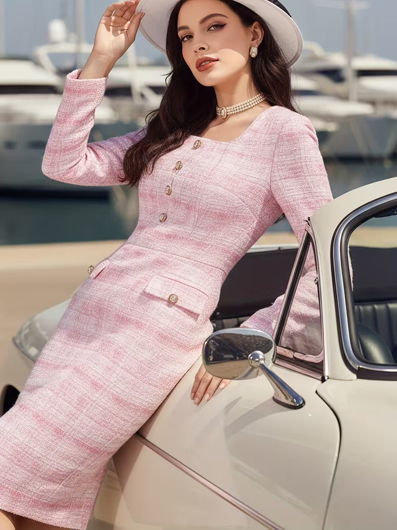 Ladies' Elegant Dress with Square Neck, Pearl Buckle and Checkered Pattern