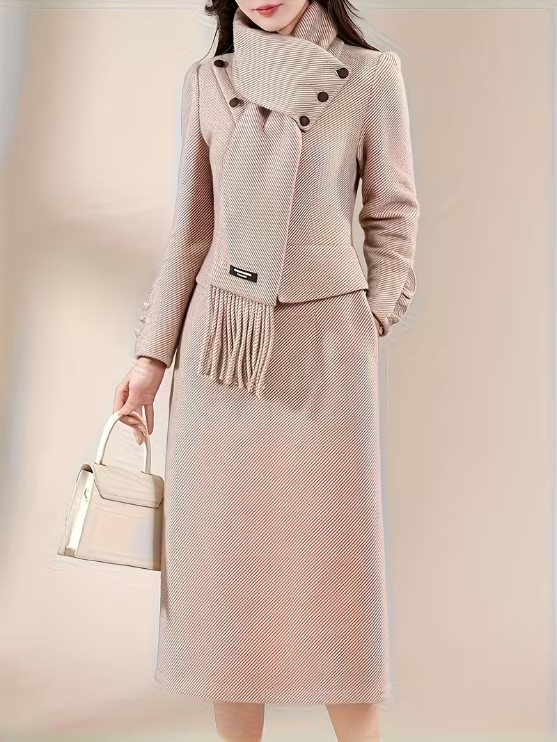 A Women'S Dress in Apricot Color Featuring a Patchwork Design with a Detachable Striped Scarf. This Long-Sleeved Dress Is Suitable for Spring, Autumn, And Winter
