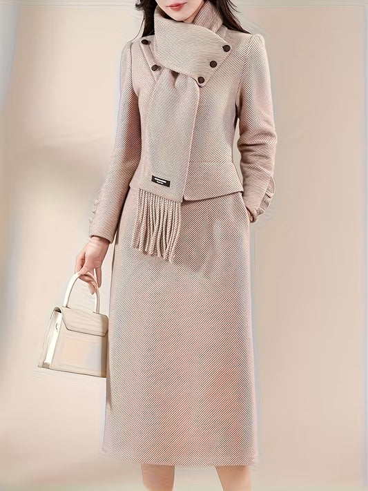 A Women'S Dress in Apricot Color Featuring a Patchwork Design with a Detachable Striped Scarf. This Long-Sleeved Dress Is Suitable for Spring, Autumn, And Winter