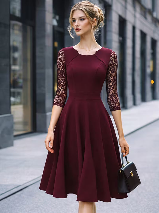 Ladies Retro Elegant Dress Lace 3/4 Sleeve Round Neck High Waist A-Line Dress Fashionable Temperament Dress Suitable for Dating Parties Banquets And Holiday Wear