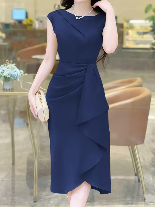Spring-Summer Pleated Asymmetrical Elegant Design Women's Dress Gown