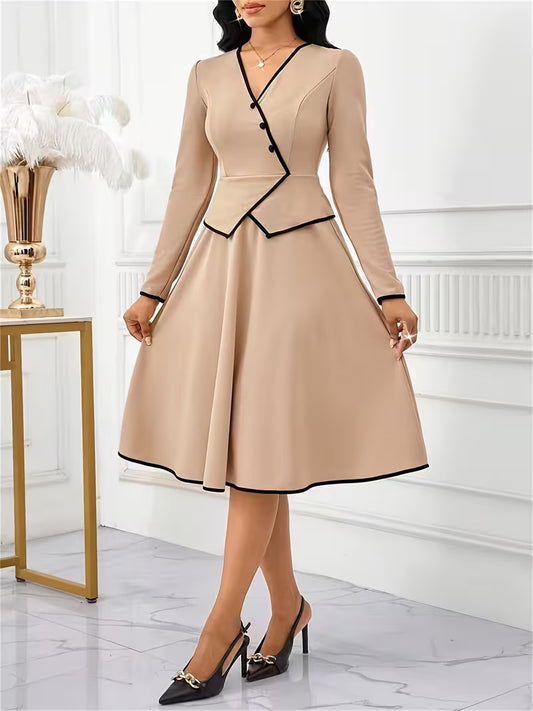 Women'S Elegant Khaki Black V Neck Button Waist A Line Contrast Trim Mid Length Long Sleeve Dress