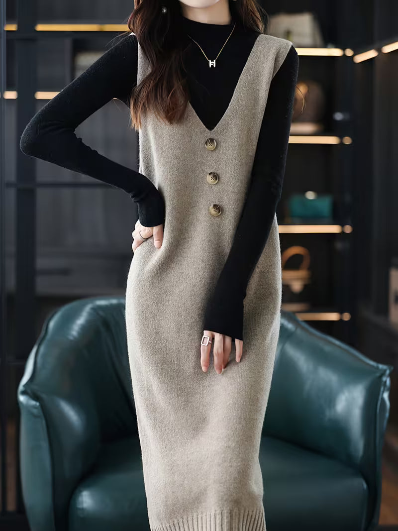 Women's Long V-Neck Korean Style Vest Dress, New Autumn Fashion Sleeveless Long Dress