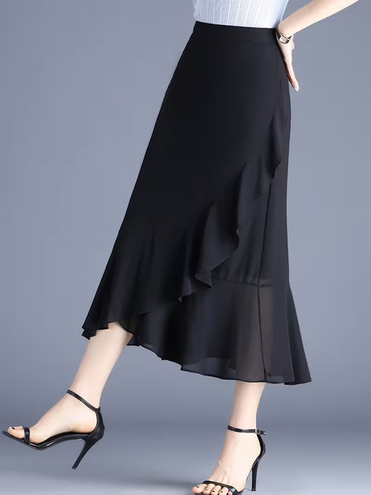 Women's Ruffle Hem Maxi Dress, Summer Vacation Style Chiffon Mermaid Skirt, New High-Waist A-Line Hip-Wrapping Skirt for Beach